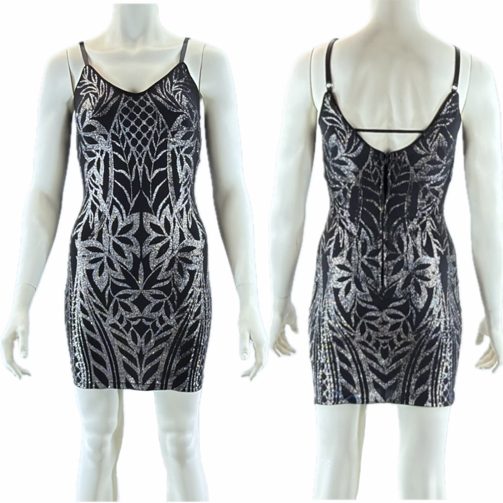 Xtraordinary Glitter Bodycon Mini Dress XS Stretch Spaghetti Straps Sparkly